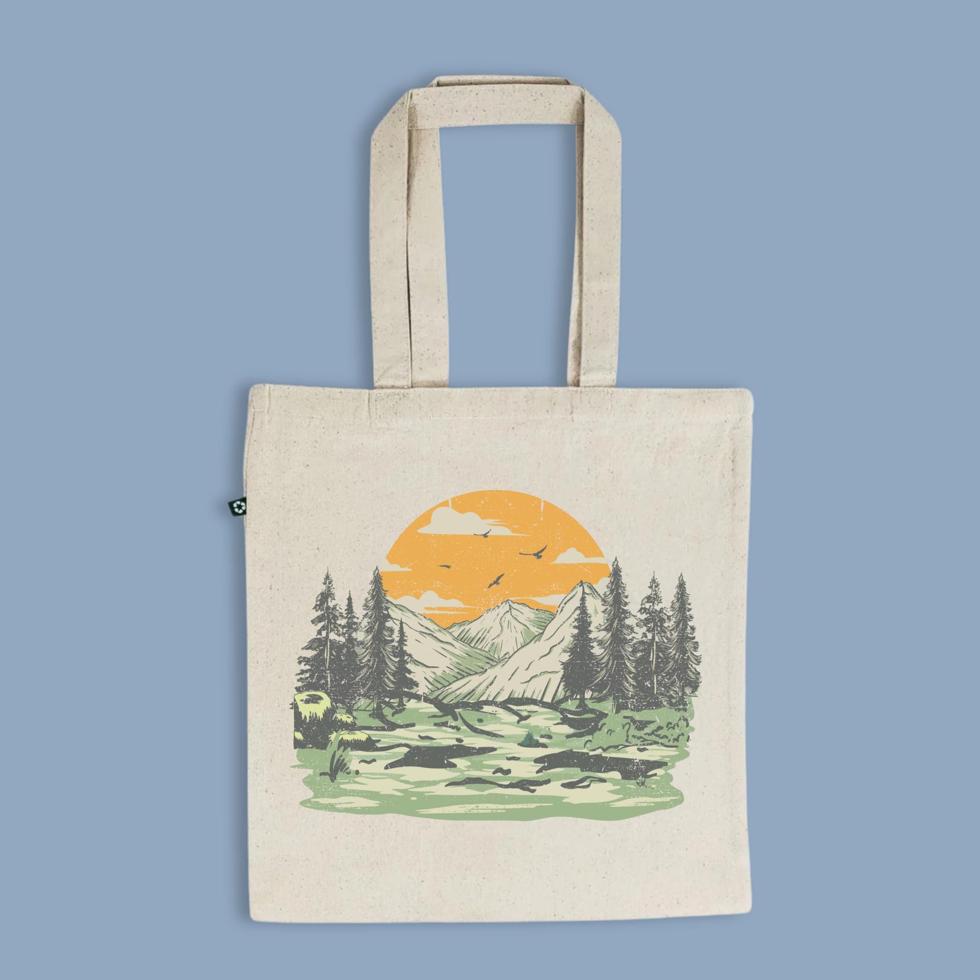 Hiking Adventure Tote Bag – Recycled Cotton Mountain & Sunset Design, Eco-Friendly Nature Tote for Everyday Use
