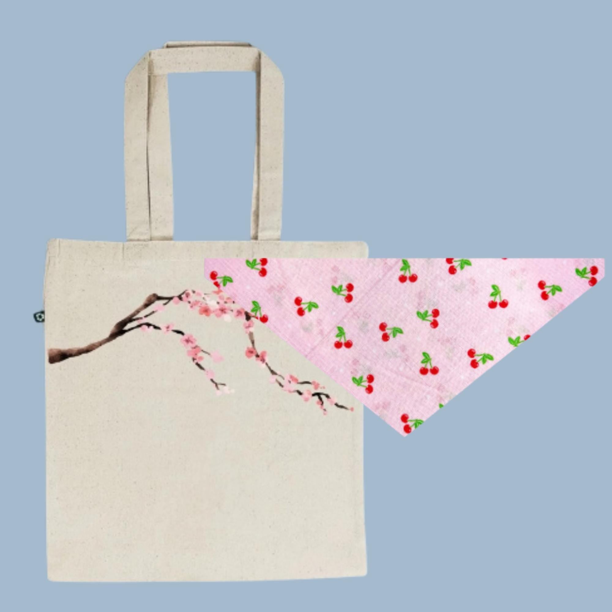 Cherry Blossom Matching Set | Flower Tote & Pet Bandana | Eco-Friendly Gift for Pet Owners | Spring Nature Lover Duo