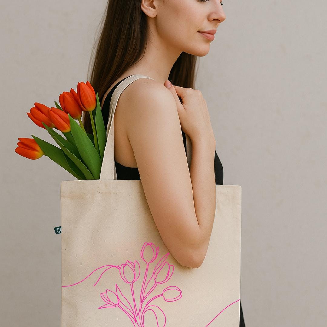 Fine Line Tulip Tote Bag, Minimalist Floral Line Art Tote, 100% Recycled Cotton Eco Bag, Spring Gift for Her, Sustainable Flower Market Tote