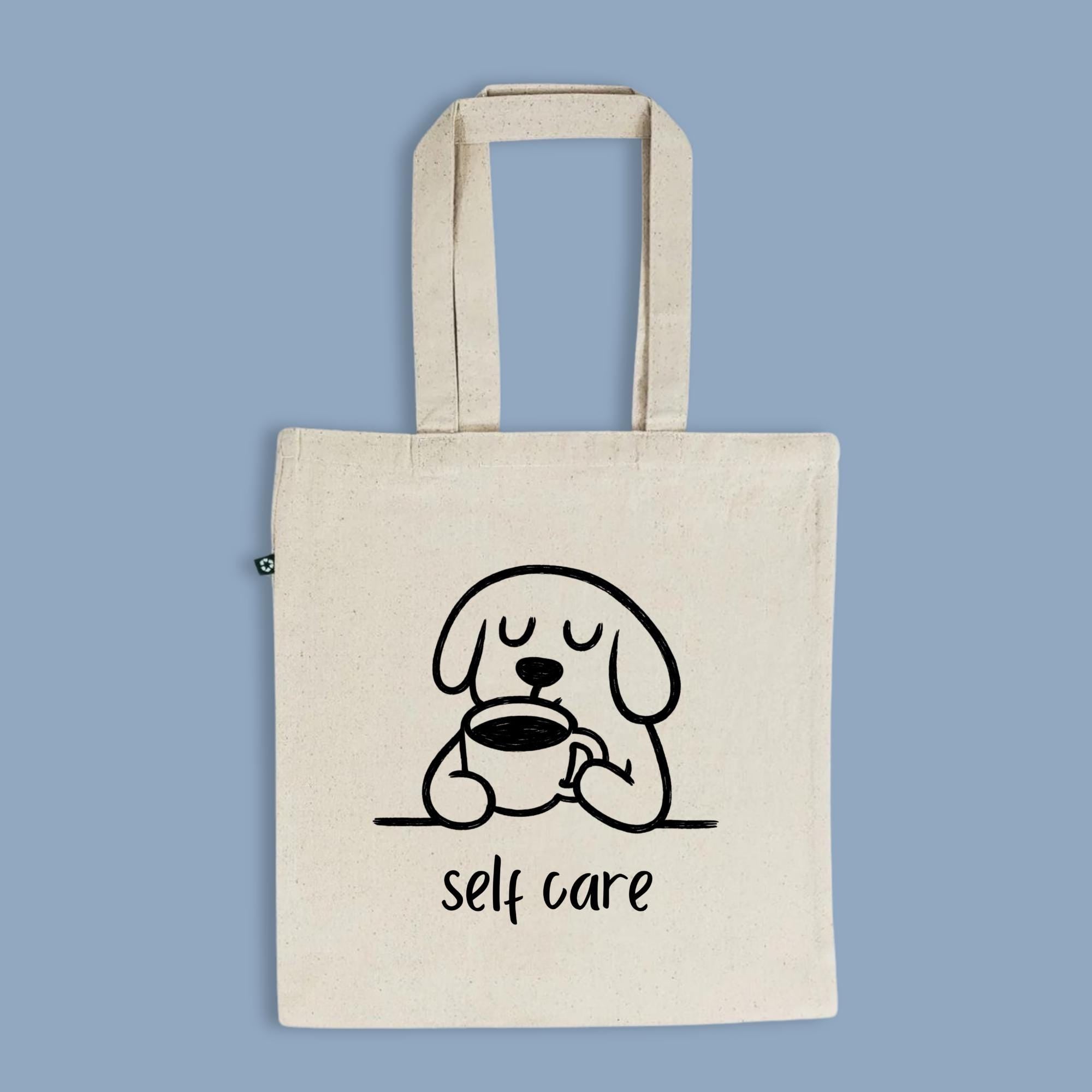 Self Care Dog Tote Bag, 100% Recycled Cotton Tote, Minimalist Dog with Coffee Design, Eco-Friendly Gift for Dog Lovers, Cute Pet Tote Bag,