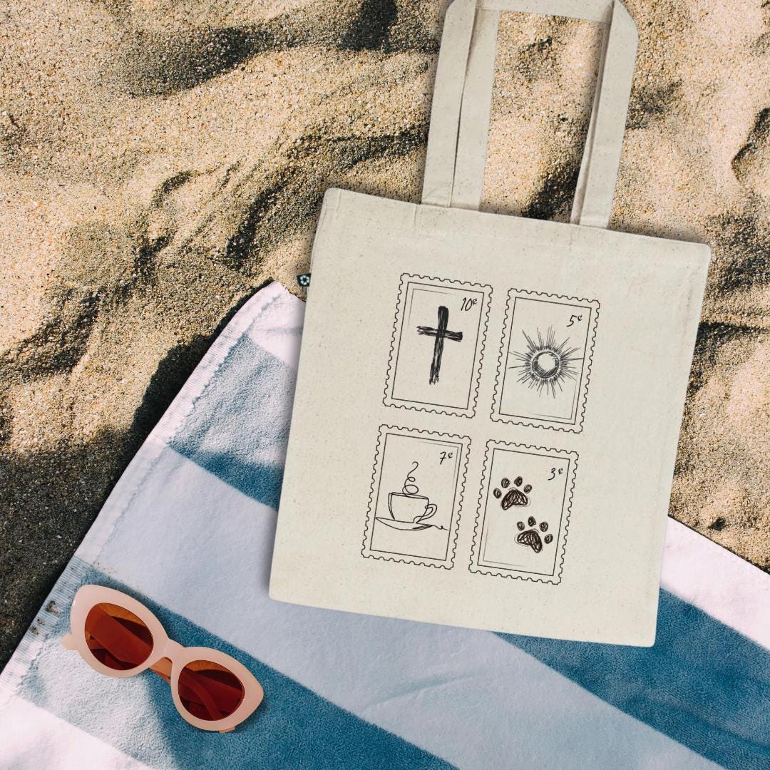 Faith Stamp Tote Bag, Eco-Friendly Cotton Tote, Recycled Cross Coffee Sun Paw Print Bag, Gift for Dog Lovers, Bible Tote Bag, 100% Recycled