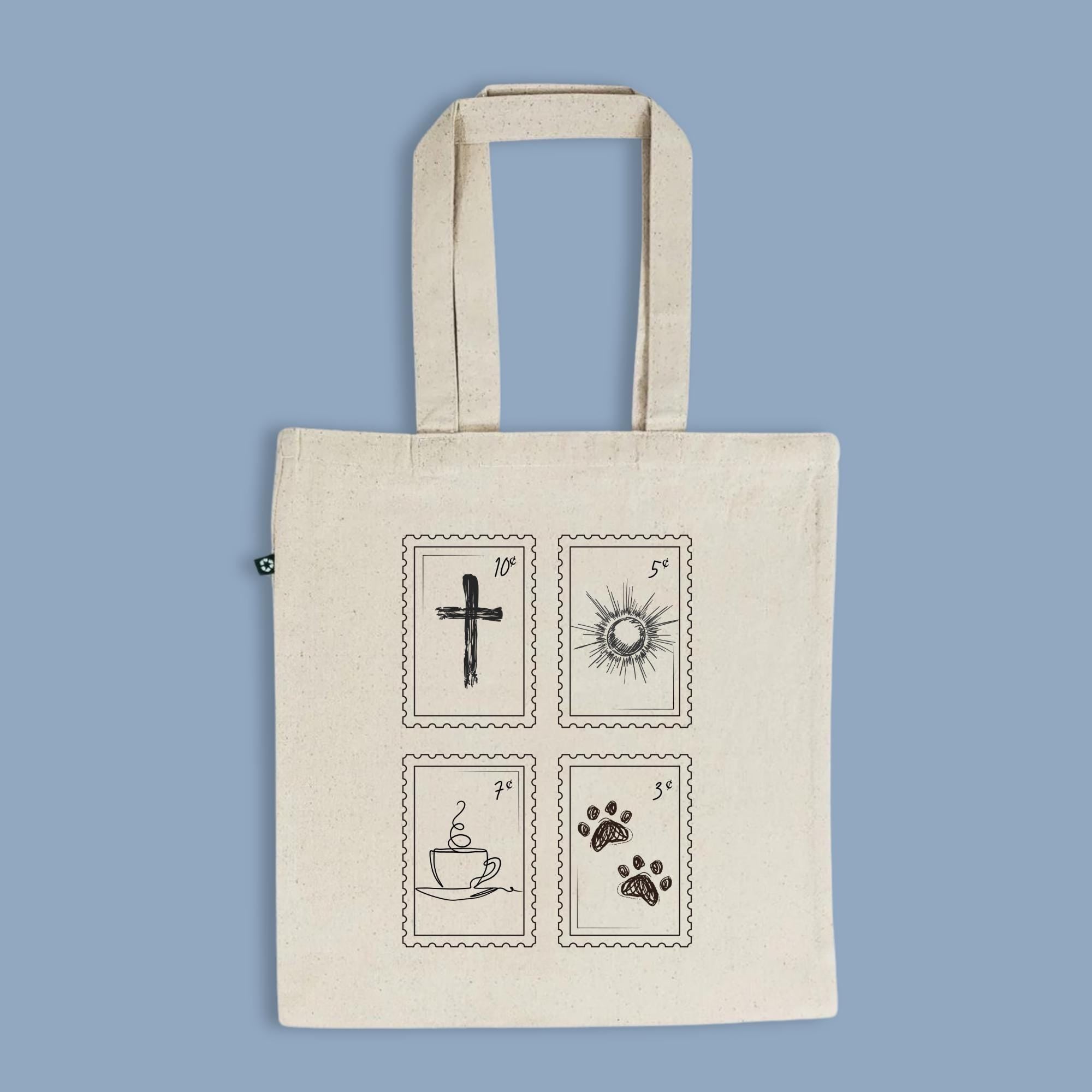 Faith Stamp Tote Bag, Eco-Friendly Cotton Tote, Recycled Cross Coffee Sun Paw Print Bag, Gift for Dog Lovers, Bible Tote Bag, 100% Recycled