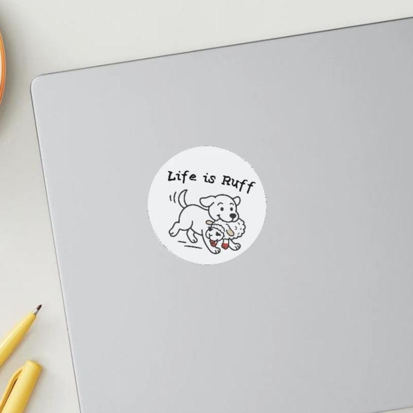 Life Is Ruff Vinyl Sticker – Dog with Lamb Chop Toy, 3x3 Inch