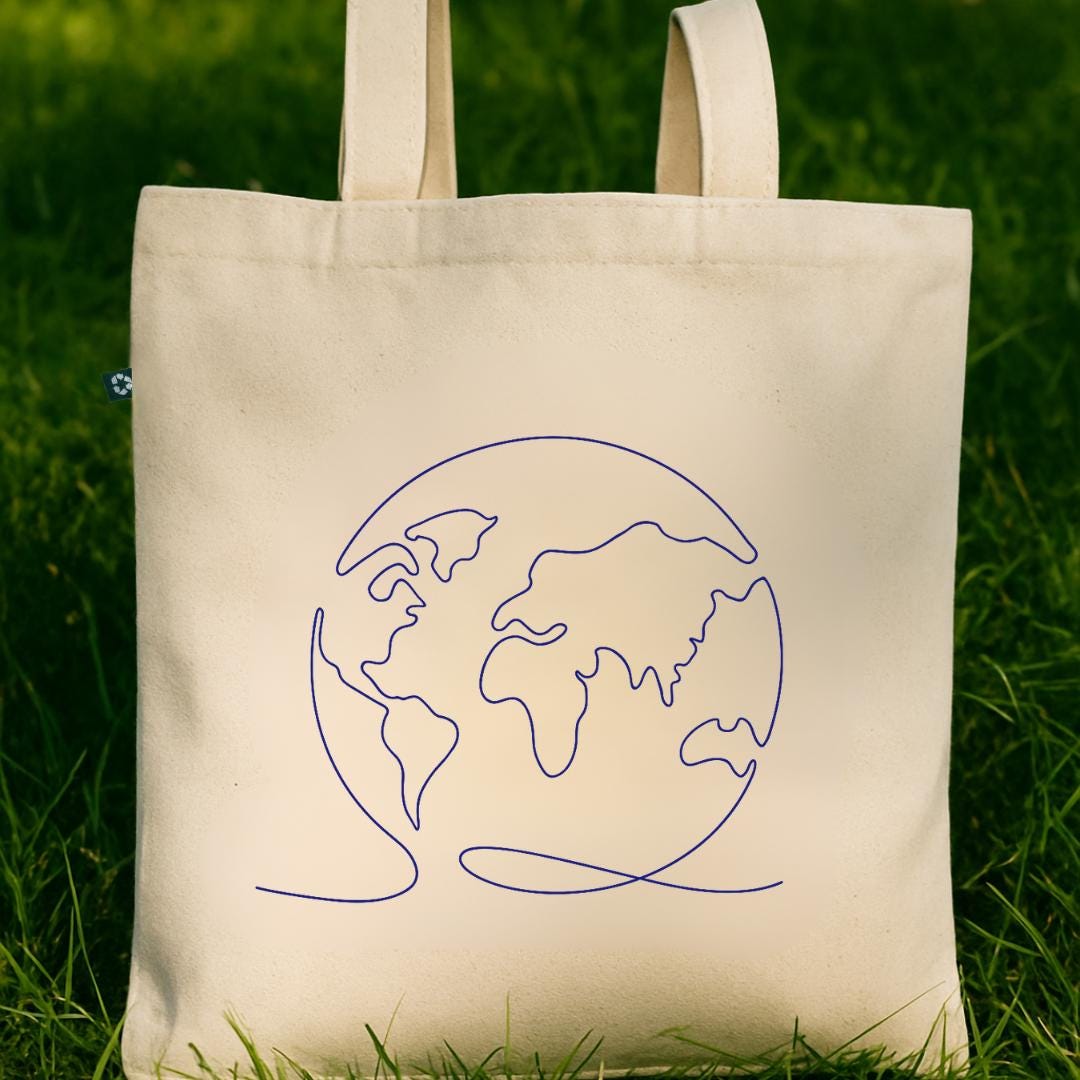 Earth Tote Bag, Minimalist World Map Tote, 100% Recycled Cotton Eco-Friendly Bag, One Line Art Earth Day Gift, Sustainable Grocery Tote