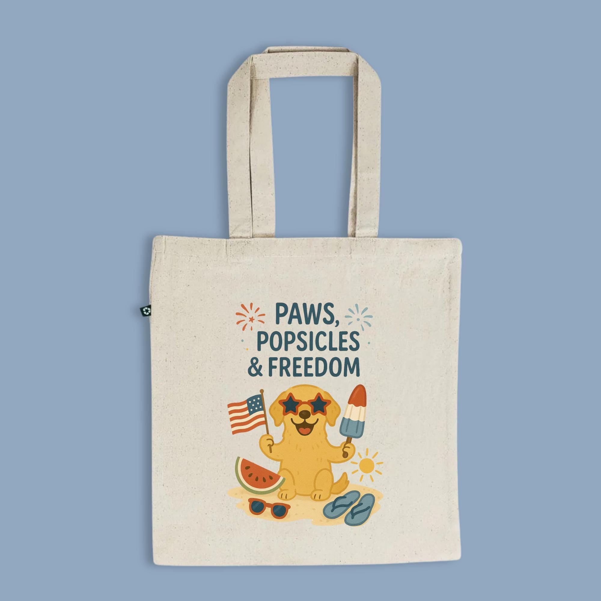 4th of July Dog Tote Bag, Paws Popsicles and Freedom, Recycled Cotton USA Tote for Dog Lovers