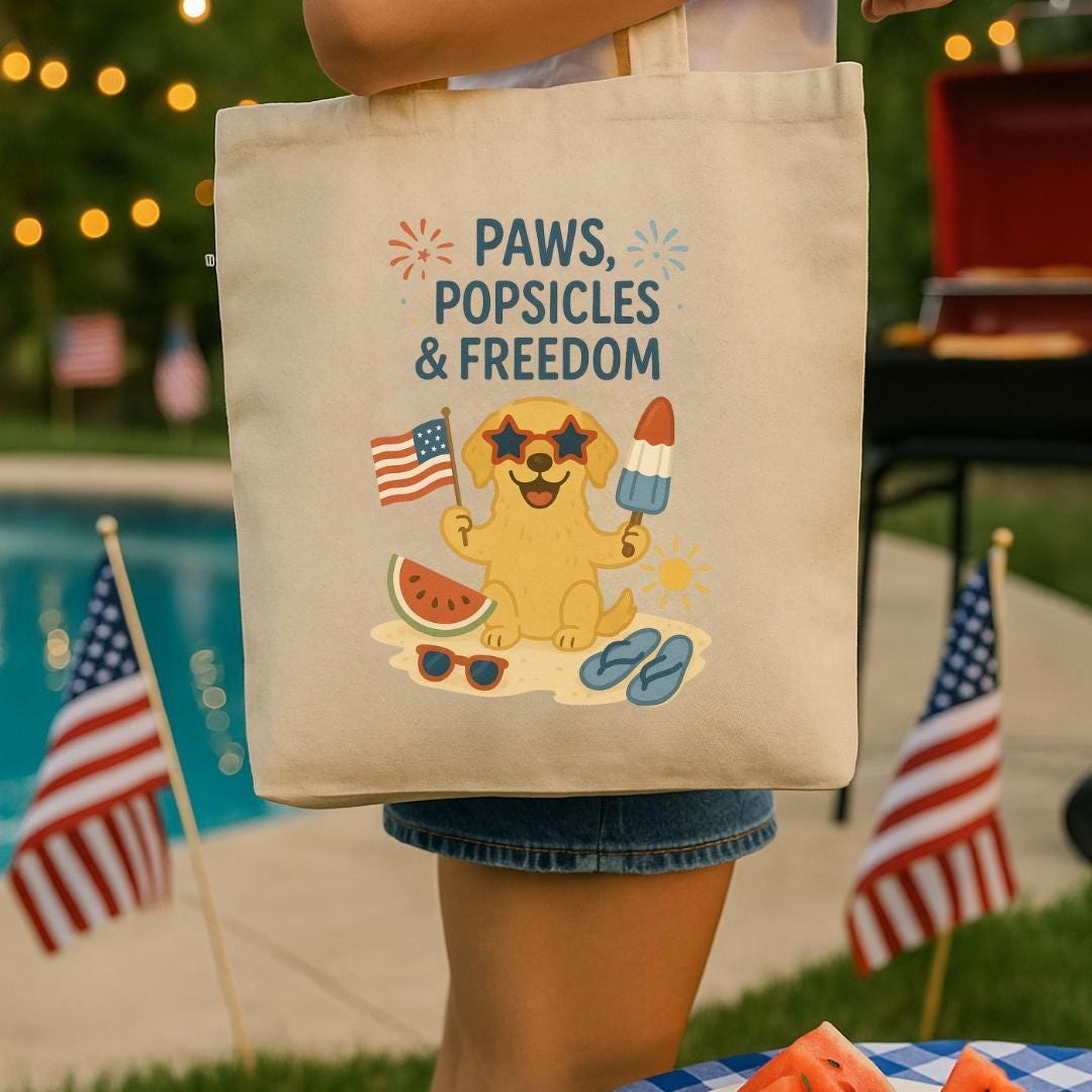 4th of July Dog Tote Bag, Paws Popsicles and Freedom, Recycled Cotton USA Tote for Dog Lovers