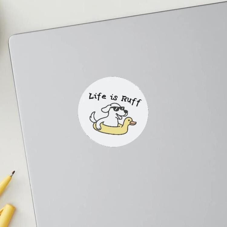 Life Is Ruff Pool Day Sticker – Dog in Pool Floatie Vinyl Sticker, Funny Summer Dog Decal, 3x3 Inch