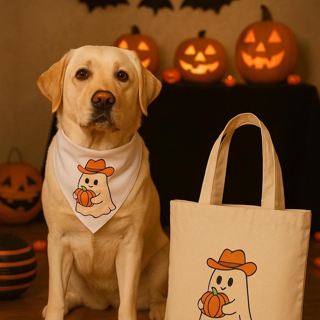 Cowboy Ghost with Pumpkin Set - Pet Bandana & Tote
