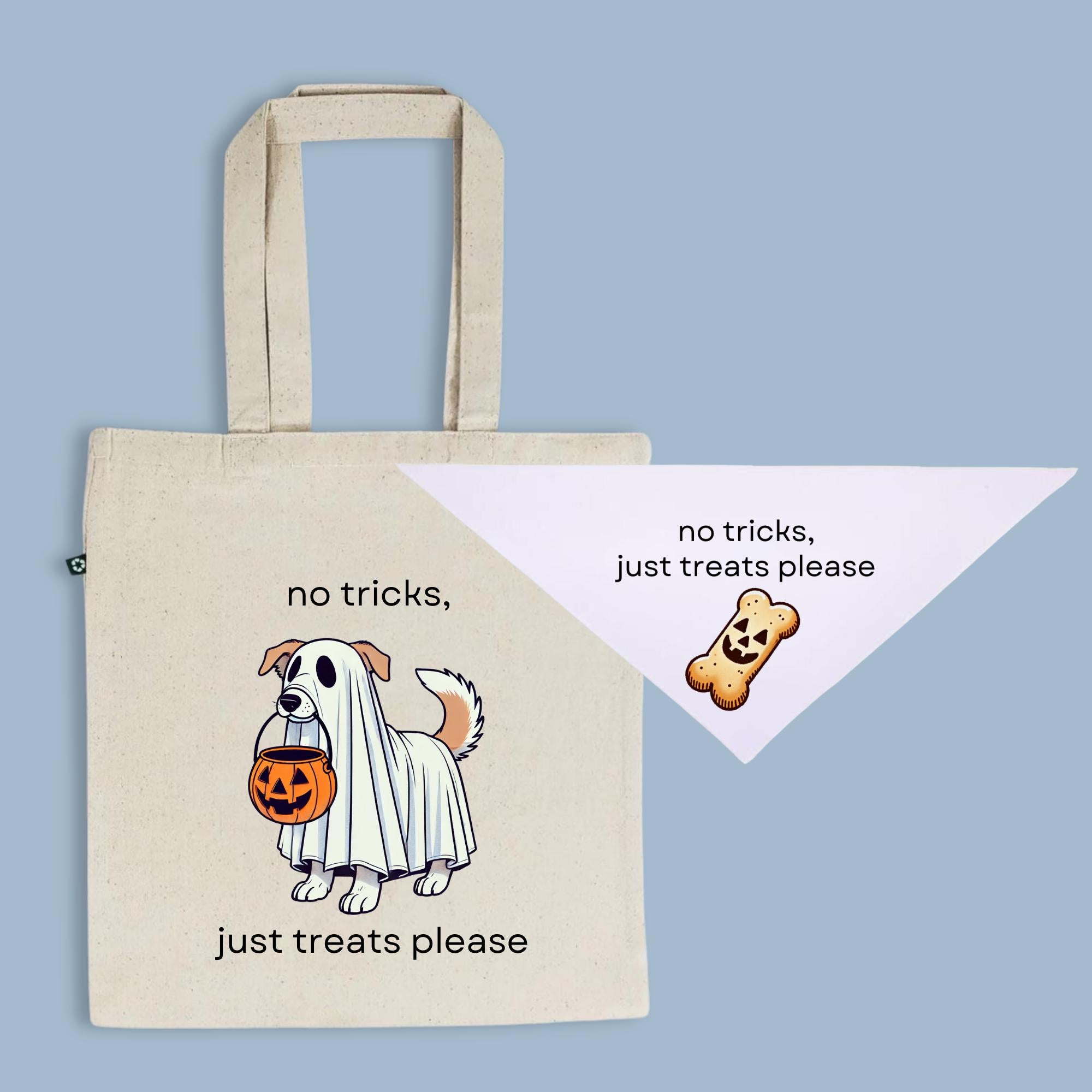 No Tricks Just Treats Dog Bandana + Halloween Tote Bag Set – Spooky Cute Gift