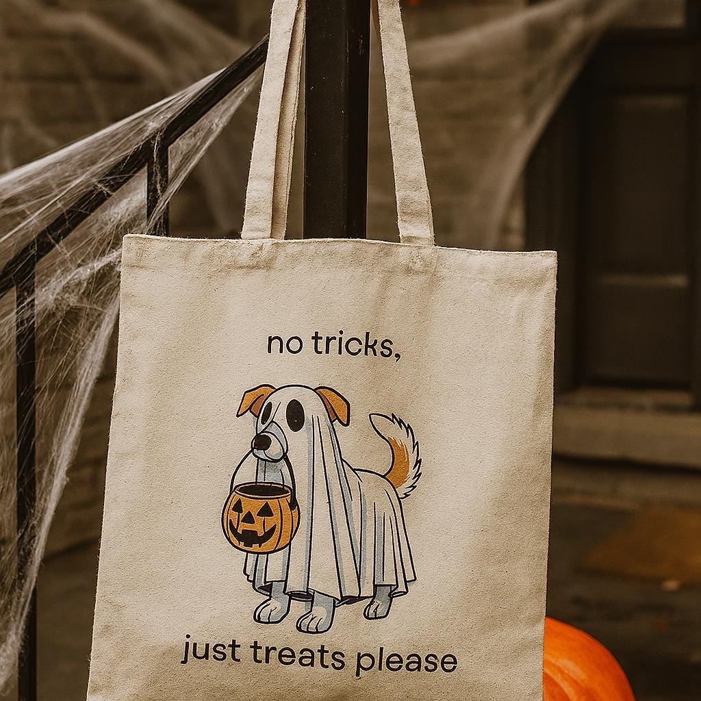 No Tricks Just Treats Dog Bandana + Halloween Tote Bag Set – Spooky Cute Gift